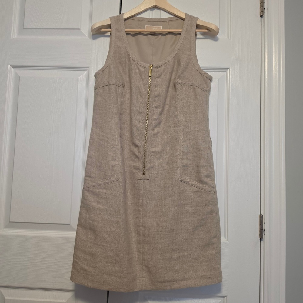 Michael Michael Kors Linen Sleeveless Zip Front Shift Dress Tan Beige Size 10